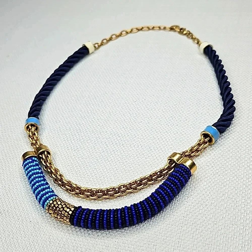 NIB Retired Vintage Stella & Dot Marine Collar Statement Necklace Navy Blue Gold